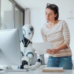 Woman and AI robot working together